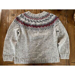 Handmade Knit Nordic Wool Sweater Unisex Size M Gray Red Yoke Design